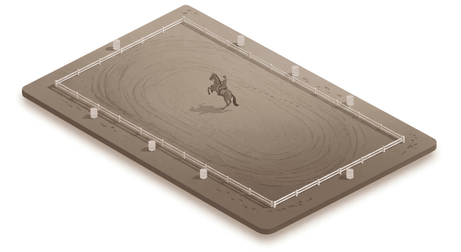 Isometric illustration of a horse riding arena with a horse and rider in the center, surrounded by a white fence and evenly spaced posts.