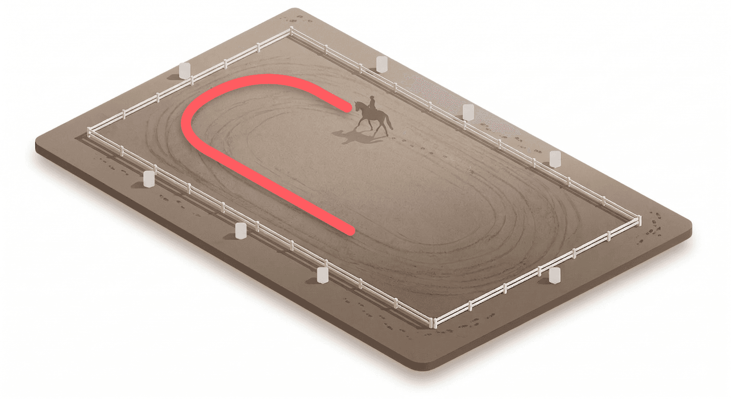 Horse and rider on a dirt equestrian arena with a red curved line marking a path, surrounded by white fencing.